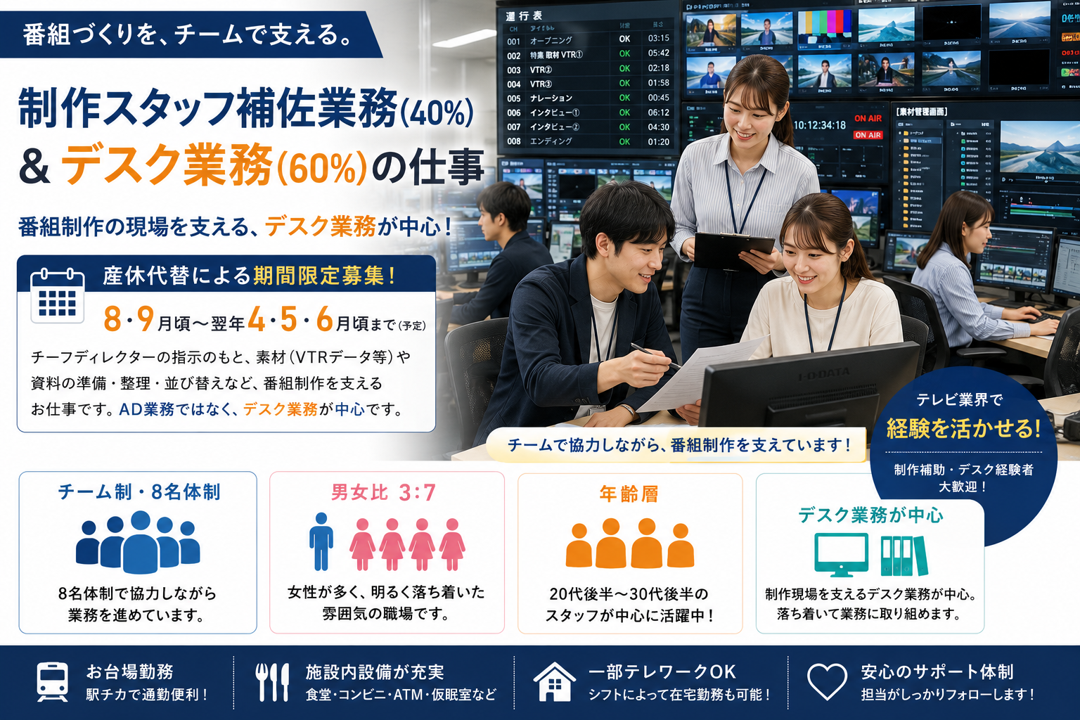 【期間限定】フジテレビグループ企業で、BS放送の番組制作を支える制作補助・運行サポート業務