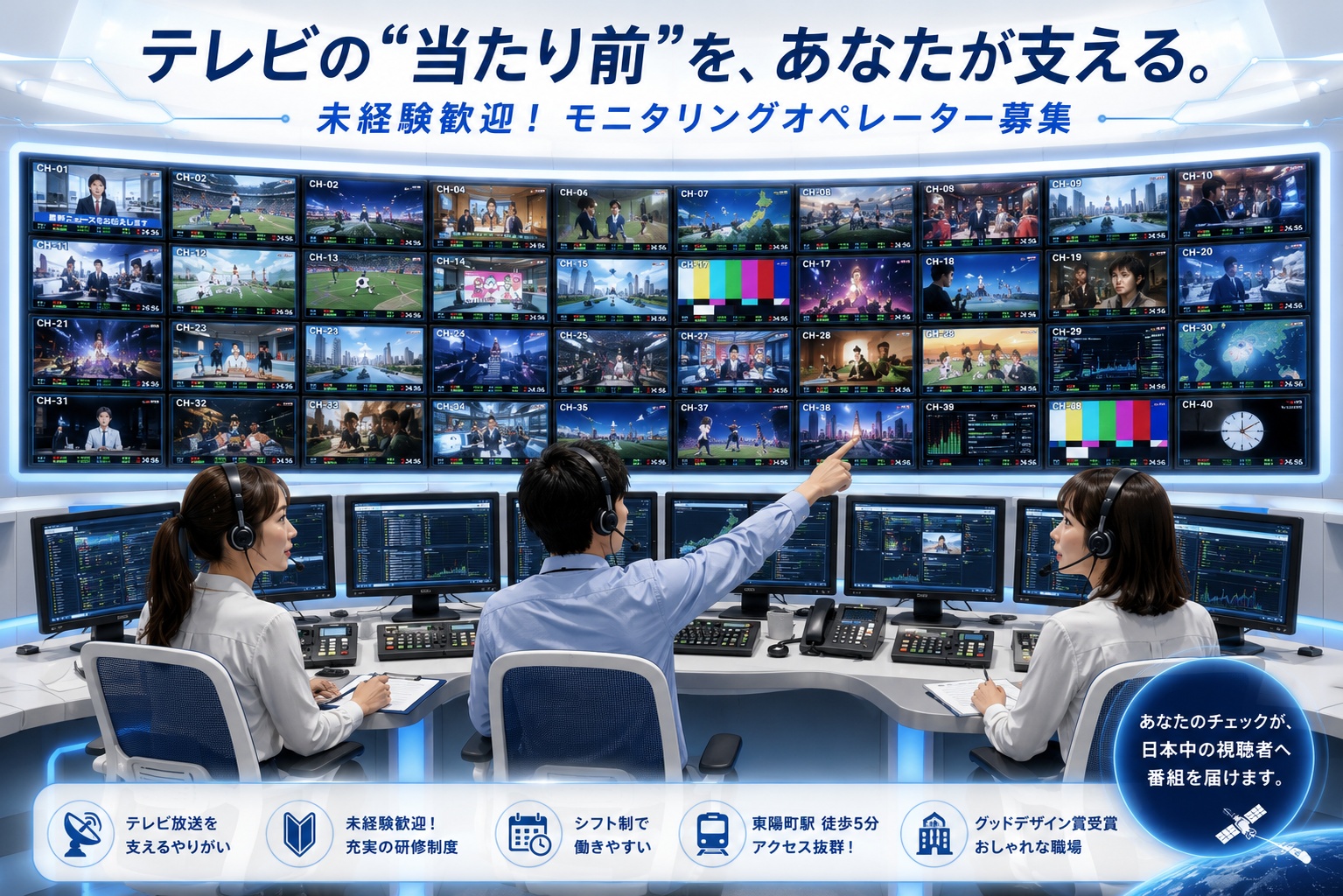 未経験歓迎！テレビ放送を支えるモニタリングスタッフ（MO）急募！高時給＋手当充実！